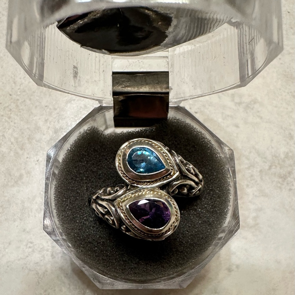 EFFY - Sterling silver and 18kt gold ring w/ amethyst and aquamarine Gemstones